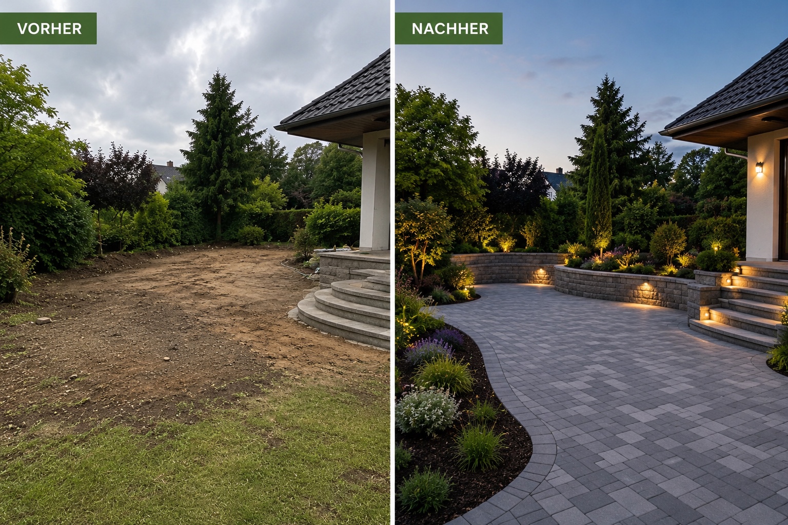 Vorher Nachher Gartenanlage und Pflasterfläche